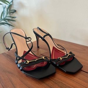 NEW GUCCI Victoria Strappy Horsebit Sandals Pumps Shoes Black Sz 36.6/US 6.5